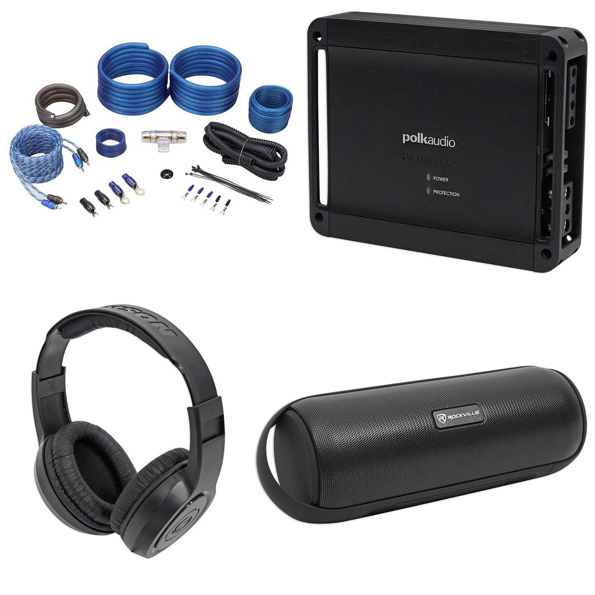 PAD2000.2 Polk 2-Channel Audio 500w Amplifier+Wires+Bluetooth Speaker+Headphones