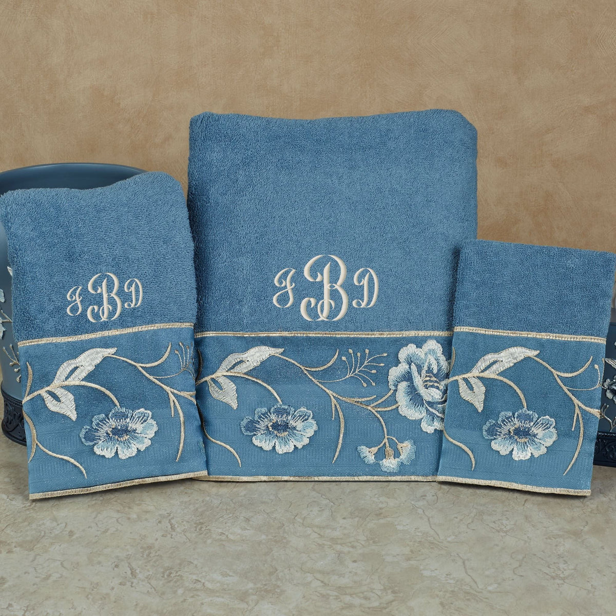Blue Towel of Dublin 3 Floral Rose Set BHW Embroidered Cotton Bath