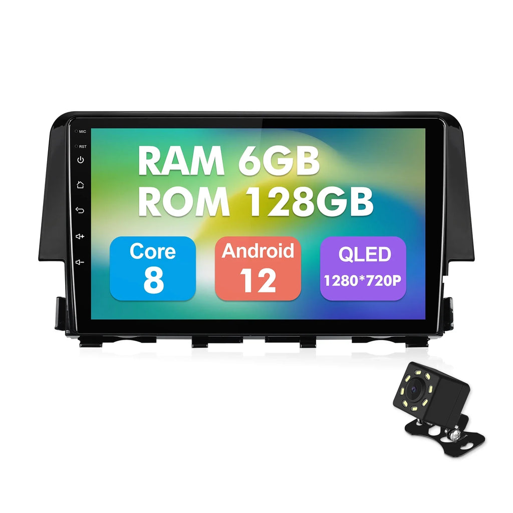 Auto Camera Wireless Stereo Din 6+128G 12 for Carplay/Android Double SWC Built-in Backup Honda Inch 2016-2020 Android Car Radio AUX-in with Touchscreen Civic 9