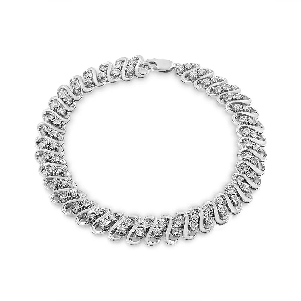 7.25" Sterling Diamond 1/2 S-Link (I-J I2-I3 Row Color, .925 Clarity) Bracelet Cttw Inches Double -