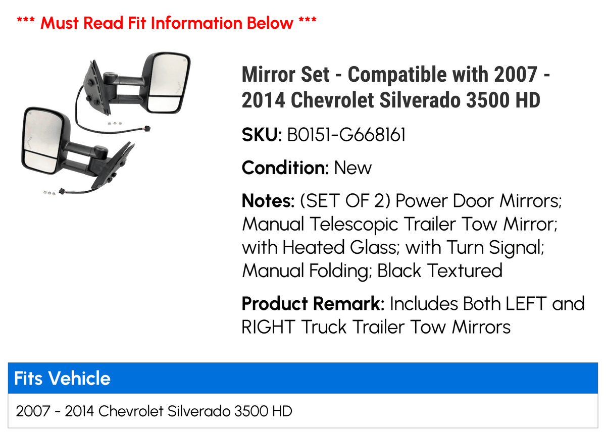 2011 2009 3500 Mirror 2007 Chevy with 2010 2013 Set HD 2008 Compatible - Silverado 2012 2014 -