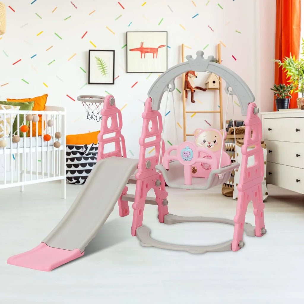 for Climb Outdoor Baby with Kinbor Playground Toddler Set, & Easy Playset Slide 1 Slide Stairs, Indoor & Swing Slide Extra Long Basketball Climber 5 Pink in Hoop,