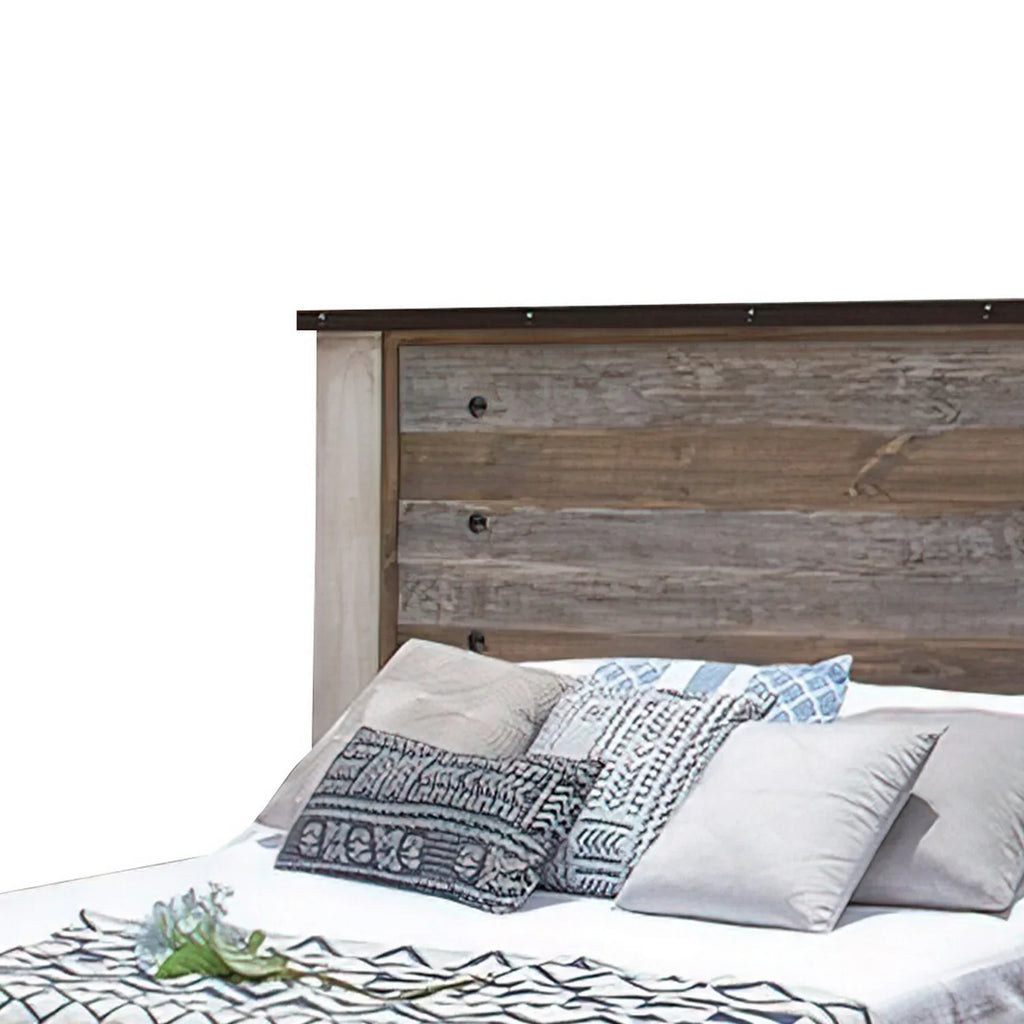 Fena King Round Bed, Nailheads, Brown Wood Size Distressed Black Multicolor Benjara