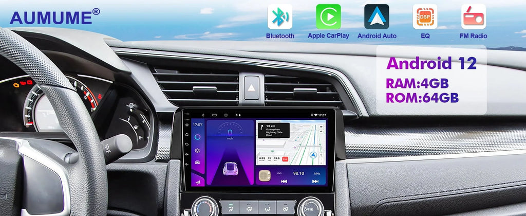 Auto Camera Wireless Stereo Din 6+128G 12 for Carplay/Android Double SWC Built-in Backup Honda Inch 2016-2020 Android Car Radio AUX-in with Touchscreen Civic 9
