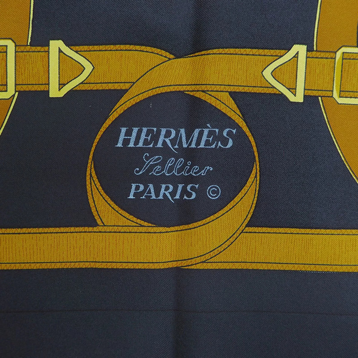 H.d'ORiGNY x Eperon Golden Black Spur 90 (Good) HERMES Hermes d'or Muffler Scarf Yellow Pellier Carre Pre-Owned