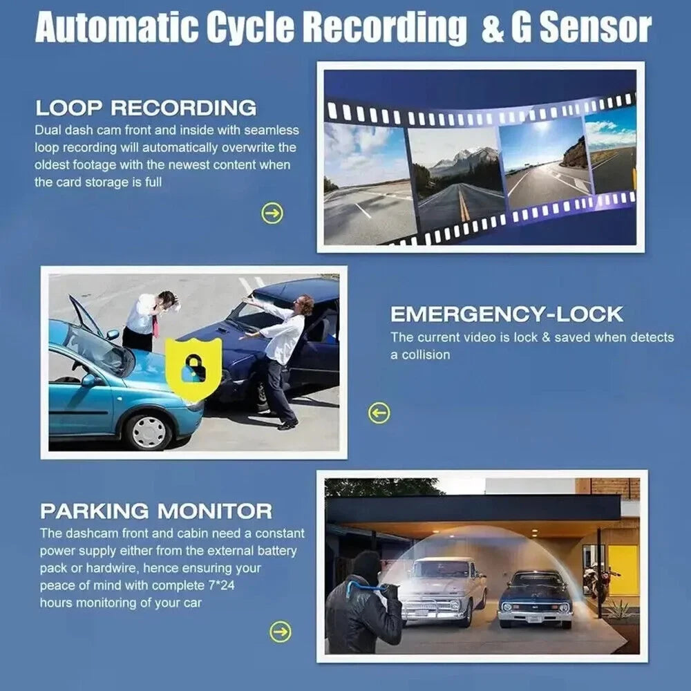 System 1080P Recorder JLLOM Dash Car Dual Cam Front/Rear/Inside Video Monitor G-sensor Lens