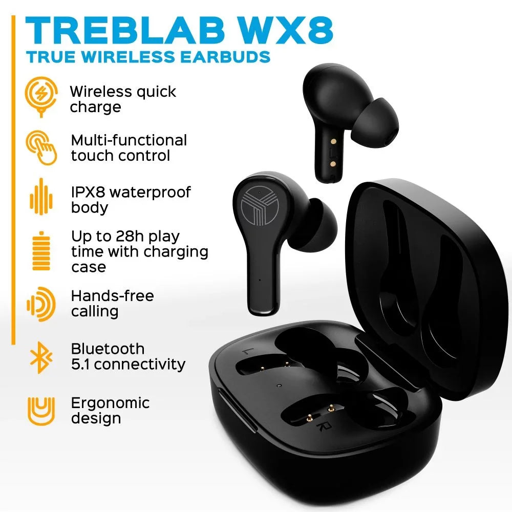 Earbuds, Charging, Port, 28H with Includes Time, Charging Noise IPX8 True Black up Bluetooth - TREBLAB Earbuds WX8 and Control w/Wireless of USB-C Waterproof 5.1, Play Isolation, Touch Case Wireless