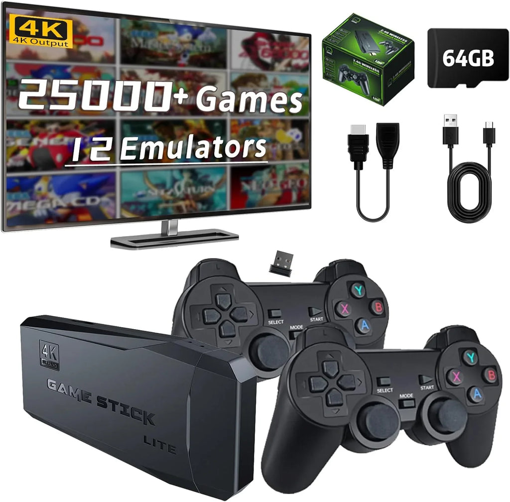 Retro Games, Stick, HD and Play Plug Game TV, Console Video with Console 64G with Emulator Game Output, 4K 12 25000+ Compatible 2.4GHz Controllers Wireless for Retro Stick MAME/PS1/GB, Nostalgia Play