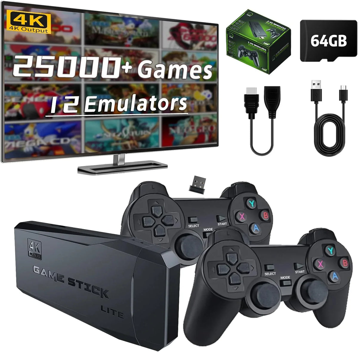 Retro Games, Stick, HD and Play Plug Game TV, Console Video with Console 64G with Emulator Game Output, 4K 12 25000+ Compatible 2.4GHz Controllers Wireless for Retro Stick MAME/PS1/GB, Nostalgia Play