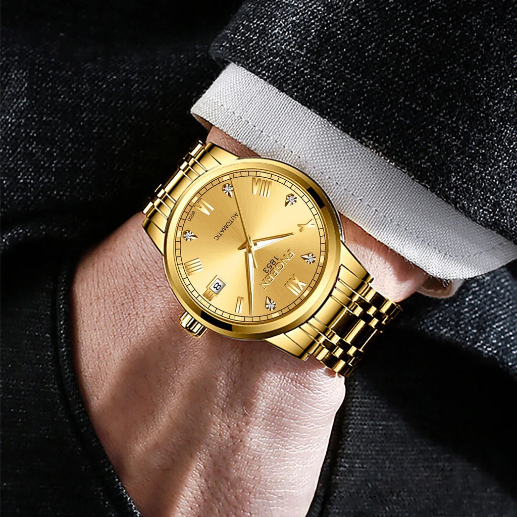 Wrist Automatic Steel Gold Luxury Men Waterproof Stainless Tone Mechanical Watch