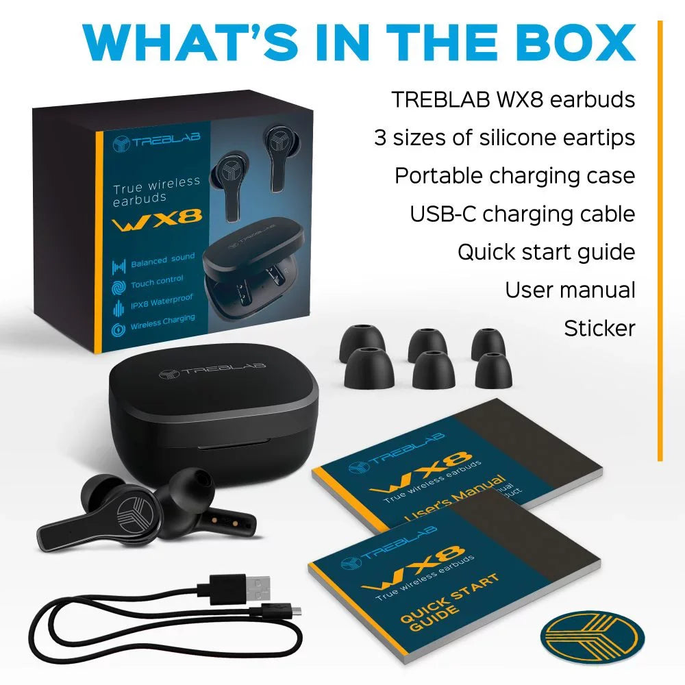 Earbuds, Charging, Port, 28H with Includes Time, Charging Noise IPX8 True Black up Bluetooth - TREBLAB Earbuds WX8 and Control w/Wireless of USB-C Waterproof 5.1, Play Isolation, Touch Case Wireless