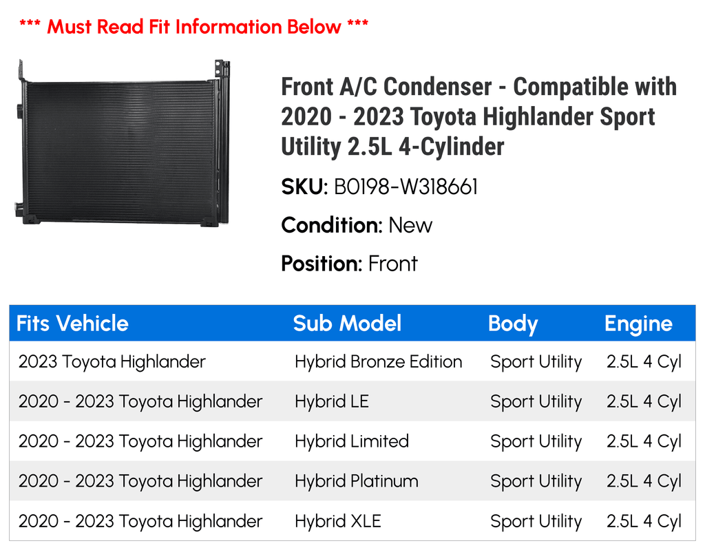4-Cylinder Condenser Utility Front 2021 2.5L 2022 Toyota Sport Highlander A/C 2020 Compatible - with - 2023