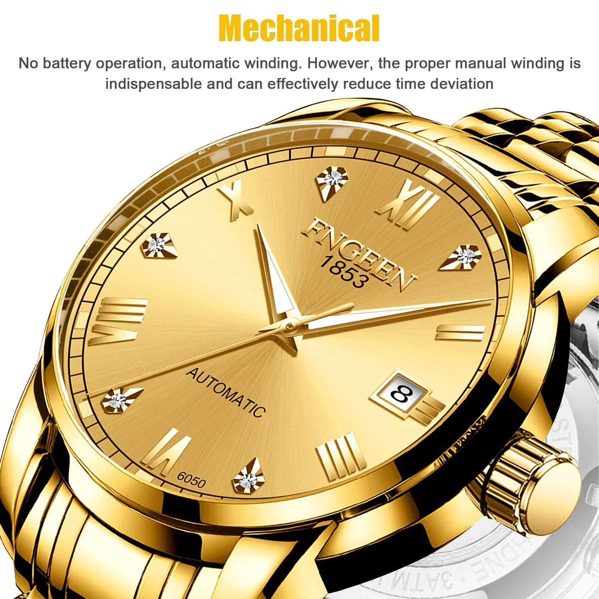 Wrist Automatic Steel Gold Luxury Men Waterproof Stainless Tone Mechanical Watch