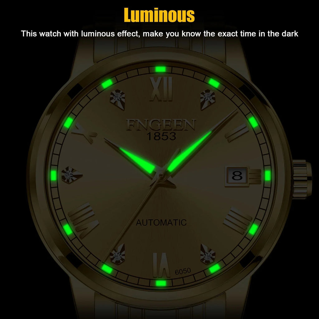 Wrist Automatic Steel Gold Luxury Men Waterproof Stainless Tone Mechanical Watch
