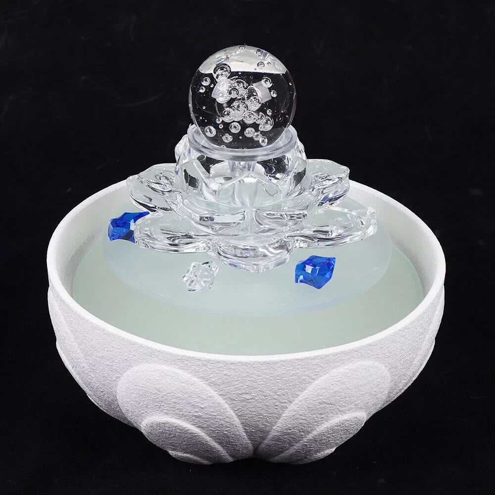 Waterfall Desktop Ornament Teahouse Lotus Desktop Fountain Tabletop Fountain Water Fountain, Decor Crystal Flowing Office Water White