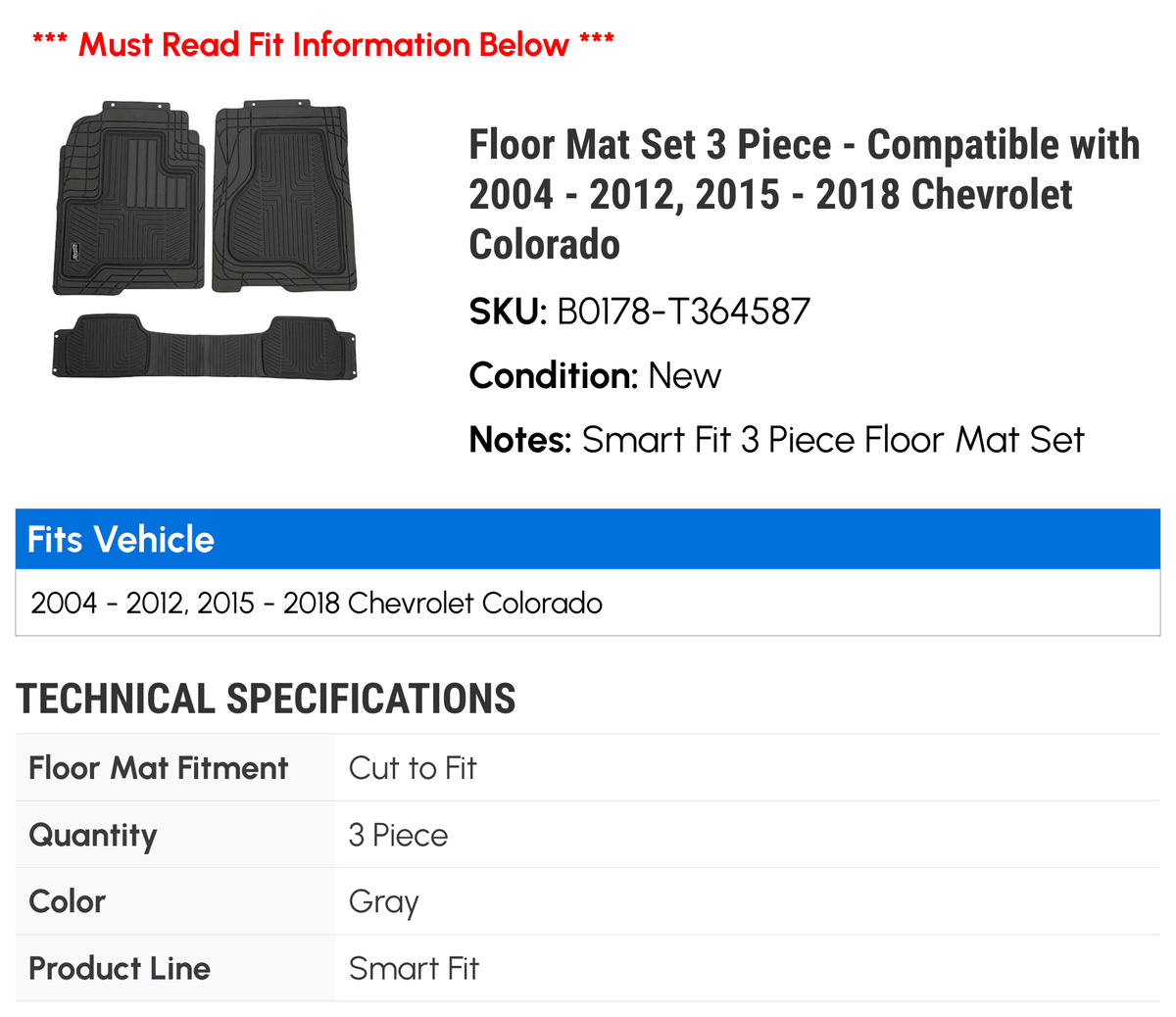 2017 Piece 2009 Chevy - Colorado 2004 3 - Floor 2016 2010 - 2006 with Set 2012, 2018 Mat 2007 2005 2011 2015 2008 Compatible