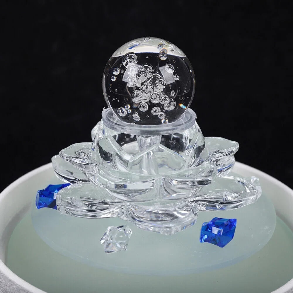 Waterfall Desktop Ornament Teahouse Lotus Desktop Fountain Tabletop Fountain Water Fountain, Decor Crystal Flowing Office Water White