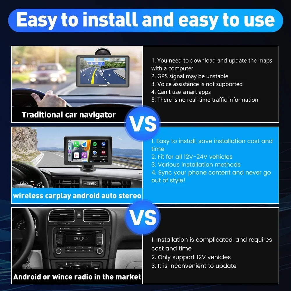 Touch Awesafe Screen , Car 7 Audio, Stereo Music, Support Wireless Apple Carplay Auto with inch Navigation,FM Video Bluetooth GPS Android