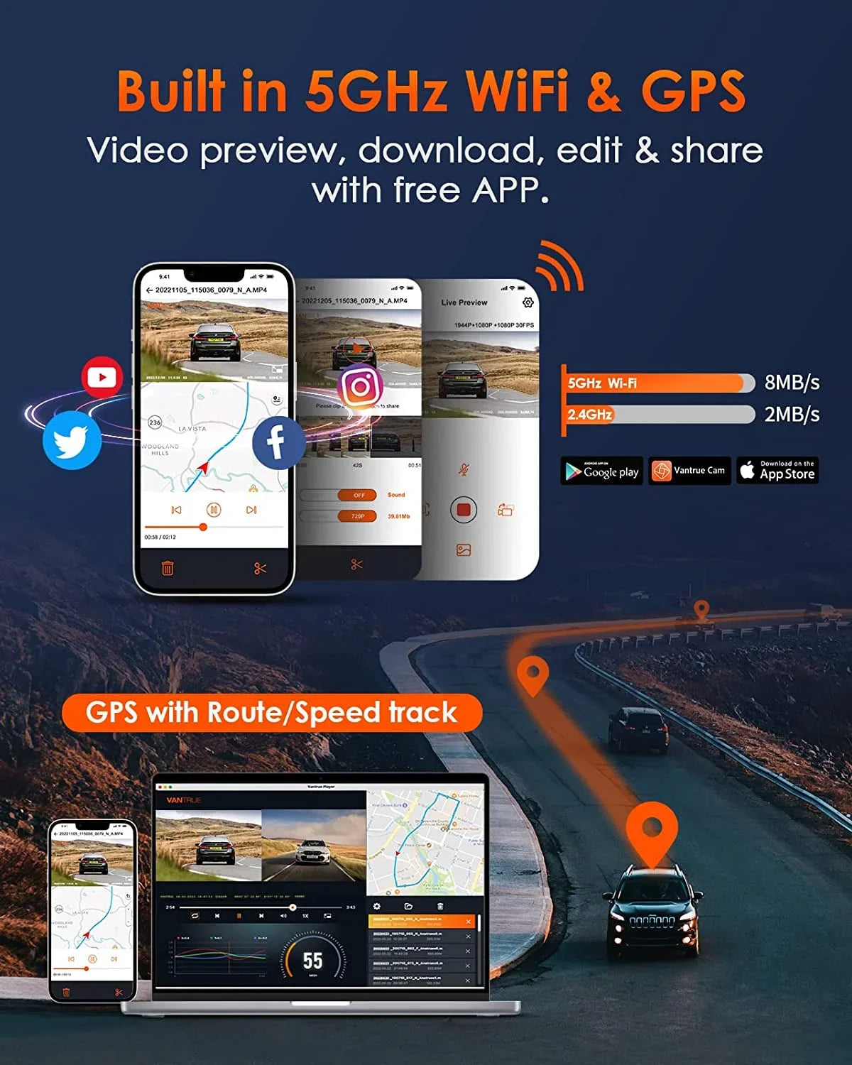 Rear Mode, WiFi Dash Voice 3 and Support Camera Vantrue Front Vision, E3 1944P+1080P+1080P 2.5K Dash 24 Channel Max IR Way GPS Cam Control, Triple STARVIS 3 Inside, Parking with Hours 512GB Night