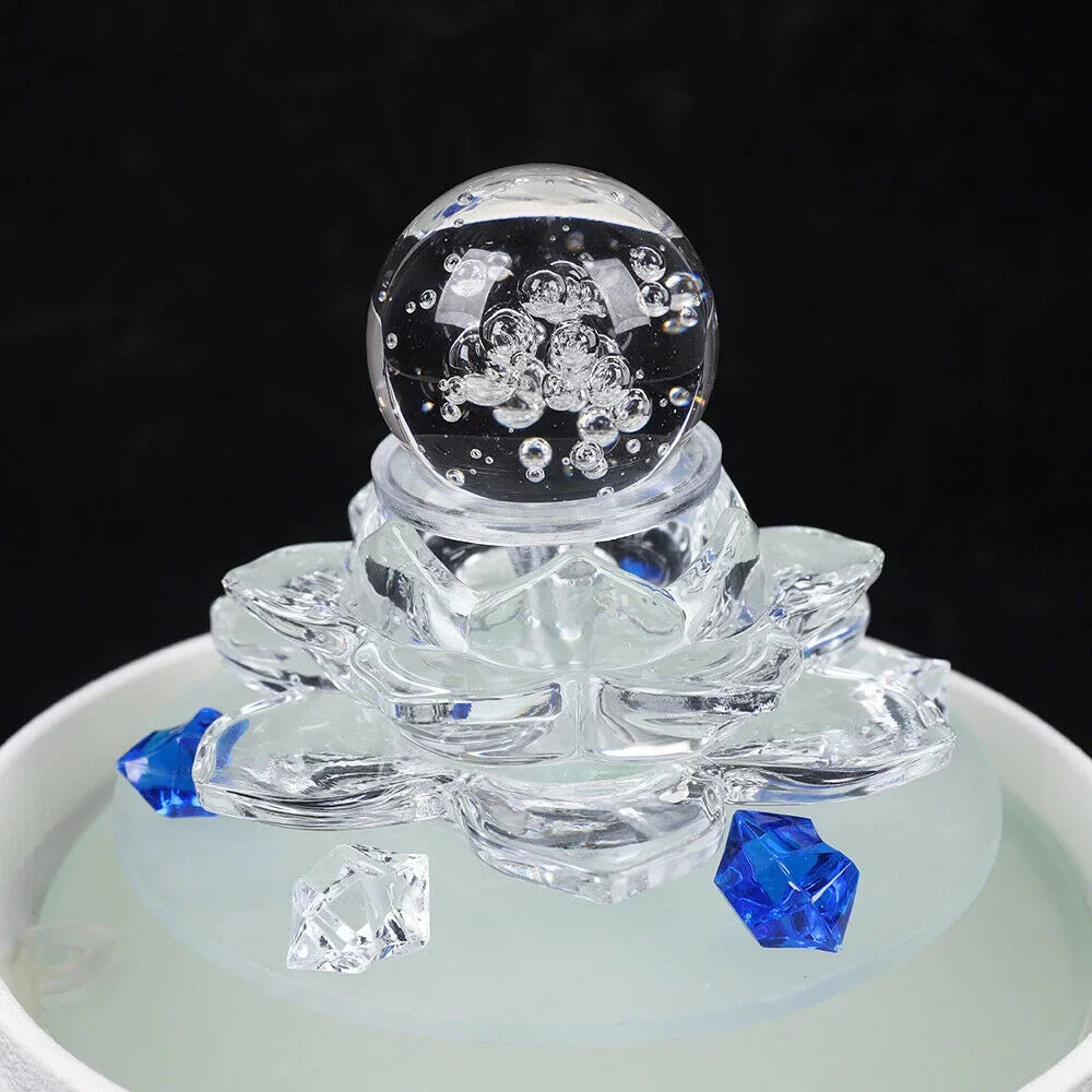 Waterfall Desktop Ornament Teahouse Lotus Desktop Fountain Tabletop Fountain Water Fountain, Decor Crystal Flowing Office Water White
