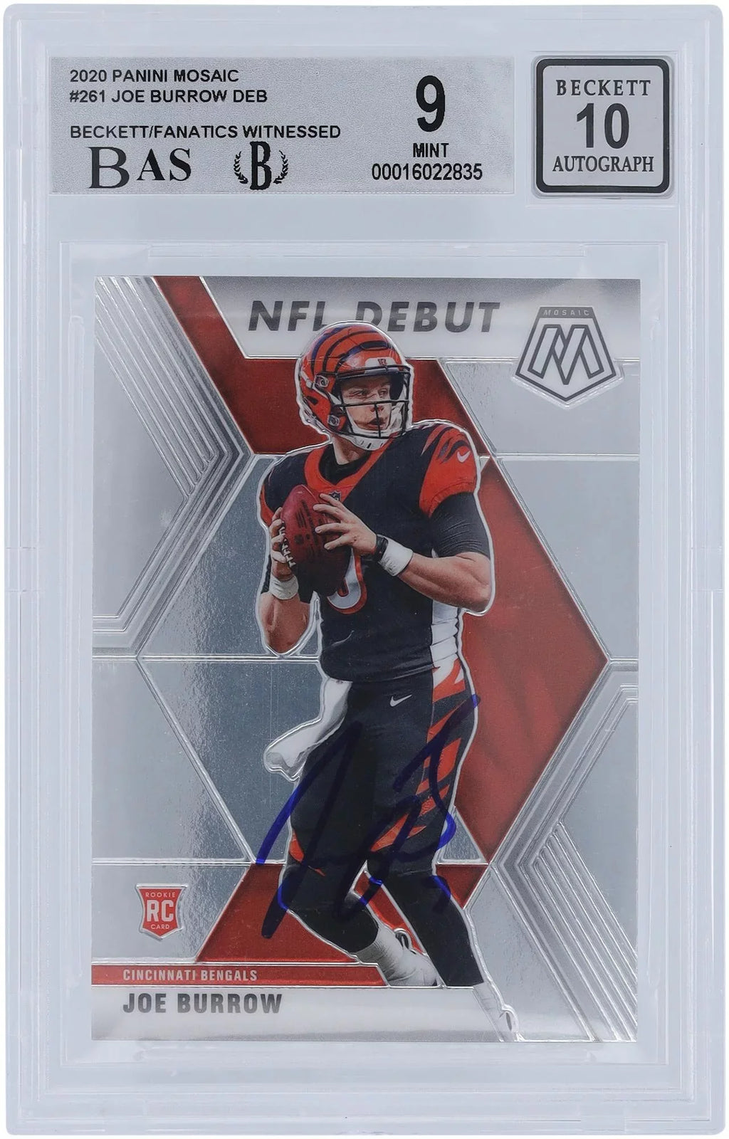 Cincinnati - Autographed Fanatics Authentic Beckett Rookie 2020 Witnessed - Certified Joe Panini Burrow Bengals Mosaic Card 9,8.5,9,9 Subgrades 9/10 Authenticated Fanatics #261