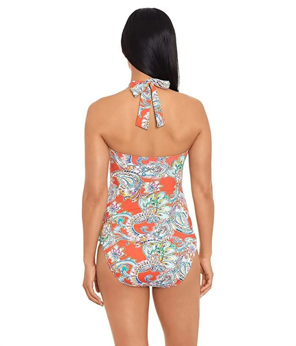 Women's Paisley Tankini Cup Orange Top Multi Size 6 Molded Lauren Ralph