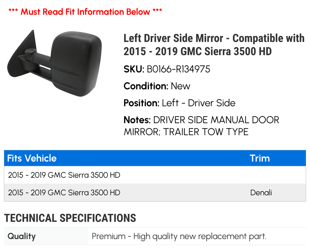 Compatible Left - 2016 with HD Side 3500 GMC - Sierra 2018 Driver 2019 2015 2017 Mirror