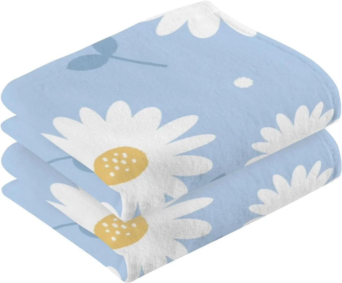 Hand of Highly Absorbent 2 Towel- Blue Set Flower Quick-Dry Bath Pack Daisy Towel Wellsay Cotton Washcloths, Face