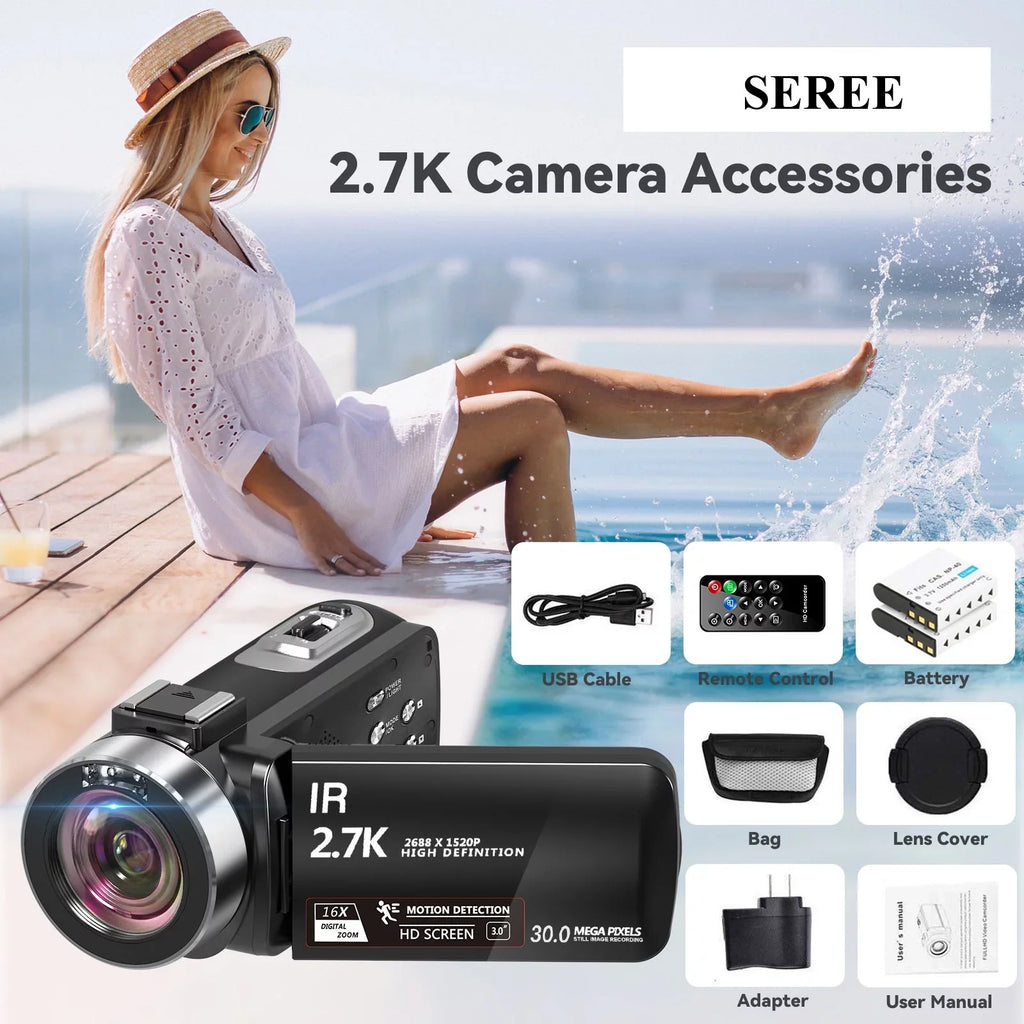 Digital Camera, Full Vlogging Remote IR 2 Vision Night 30FPS SEREE Camcorder Camera for HD Film Youtube 30.0 MP 2.7K Video Batteries, Camera
