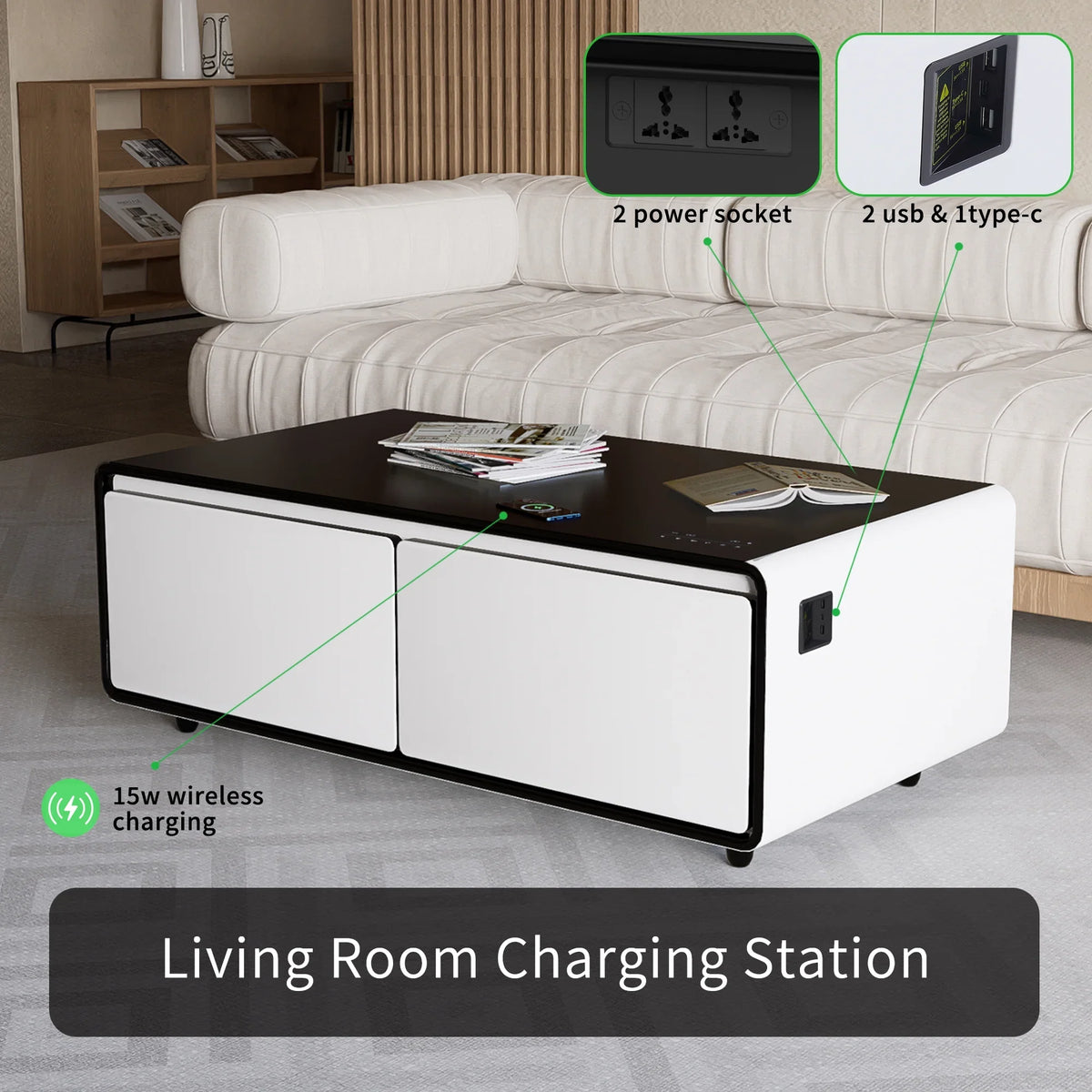 Control Speaker, Protection, Smart White Charging Built-in Fridge, with Outlet Table Bluetooth Coffee Touch Module, Wireless Power light, Panel, Socket, USB Modern Atmosphere Interface,