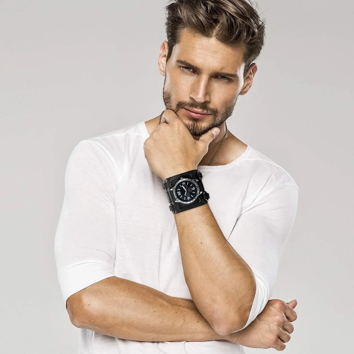 Watch Dial Wrist Watch Wide Gothic Genuine Black Quartz Watches Bracelet Leather Costume Halloween Hip-hop Military Cuff Retro Mens for Sport Replaceable Big Japan Steampunk
