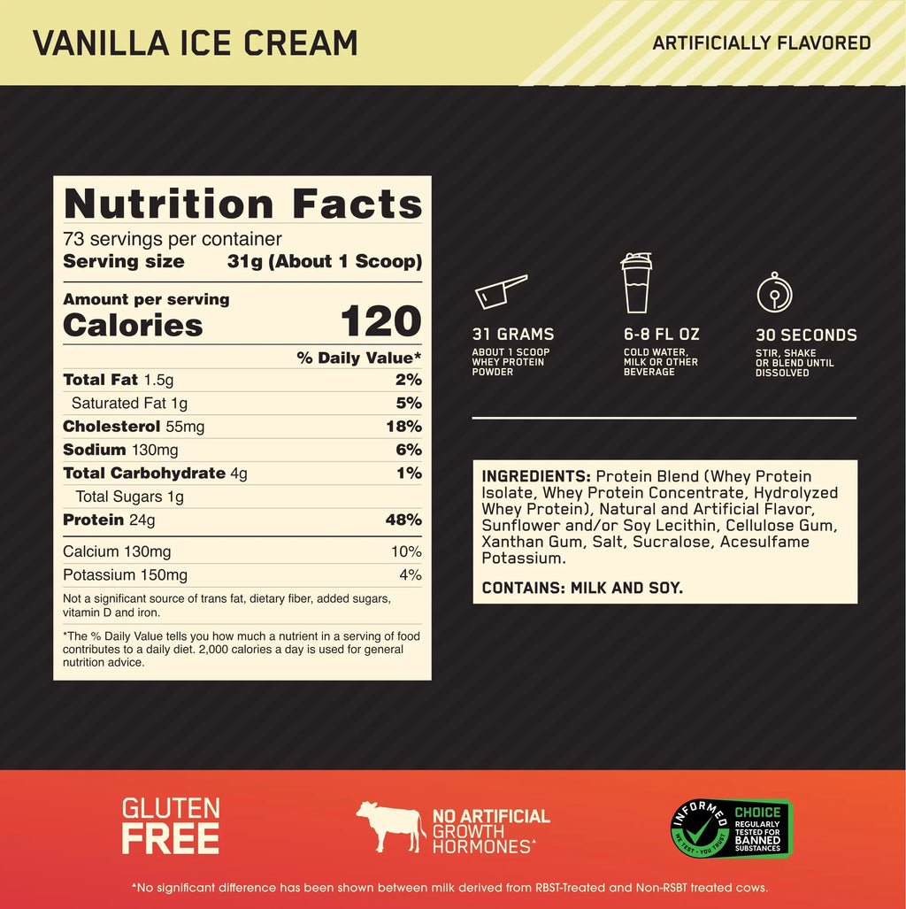 Gold Vanilla Standard Powder, Whey Protein Servings 100% lb, Cream, Nutrition, 73 Optimum Ice 5