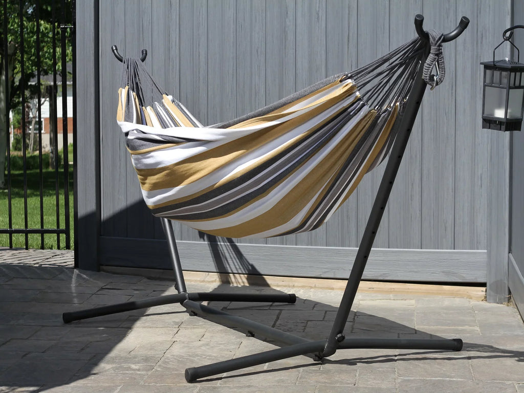 The Steel Hammock and Grey a with Striped Gold 110” Collection Hammock Hamptons Style Brazilian