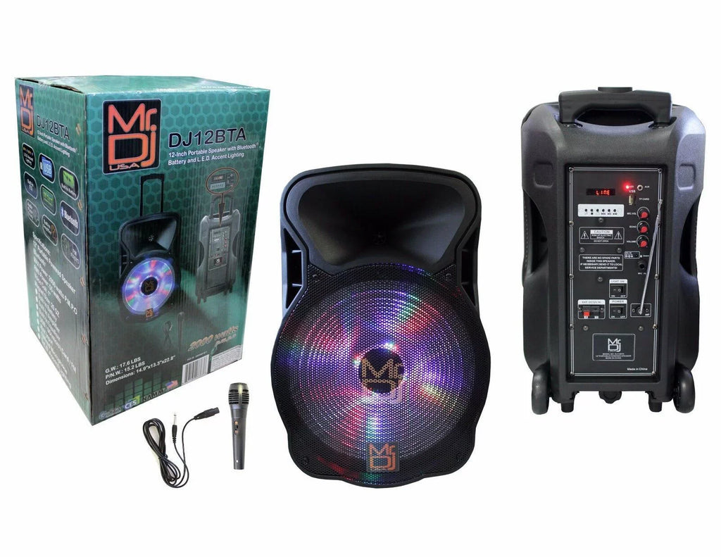 Mic Mr PA 2000W Wired Speaker 12" Dj Bluetooth Radio Karaoke DJ Battery FM Pro