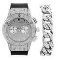 '- Out Watch Rhinestones Inspired - Raymond Chrono Iced by Eyes Diamond Rubber - (Silver Charles - Mens Bling ST10311 Blast Big Cuban) Timepiece on Hop Hip Faux