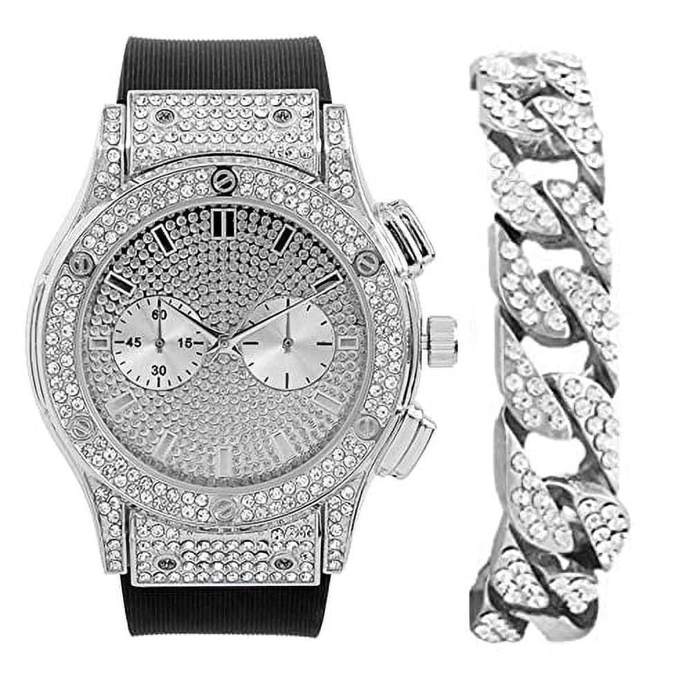 '- Out Watch Rhinestones Inspired - Raymond Chrono Iced by Eyes Diamond Rubber - (Silver Charles - Mens Bling ST10311 Blast Big Cuban) Timepiece on Hop Hip Faux
