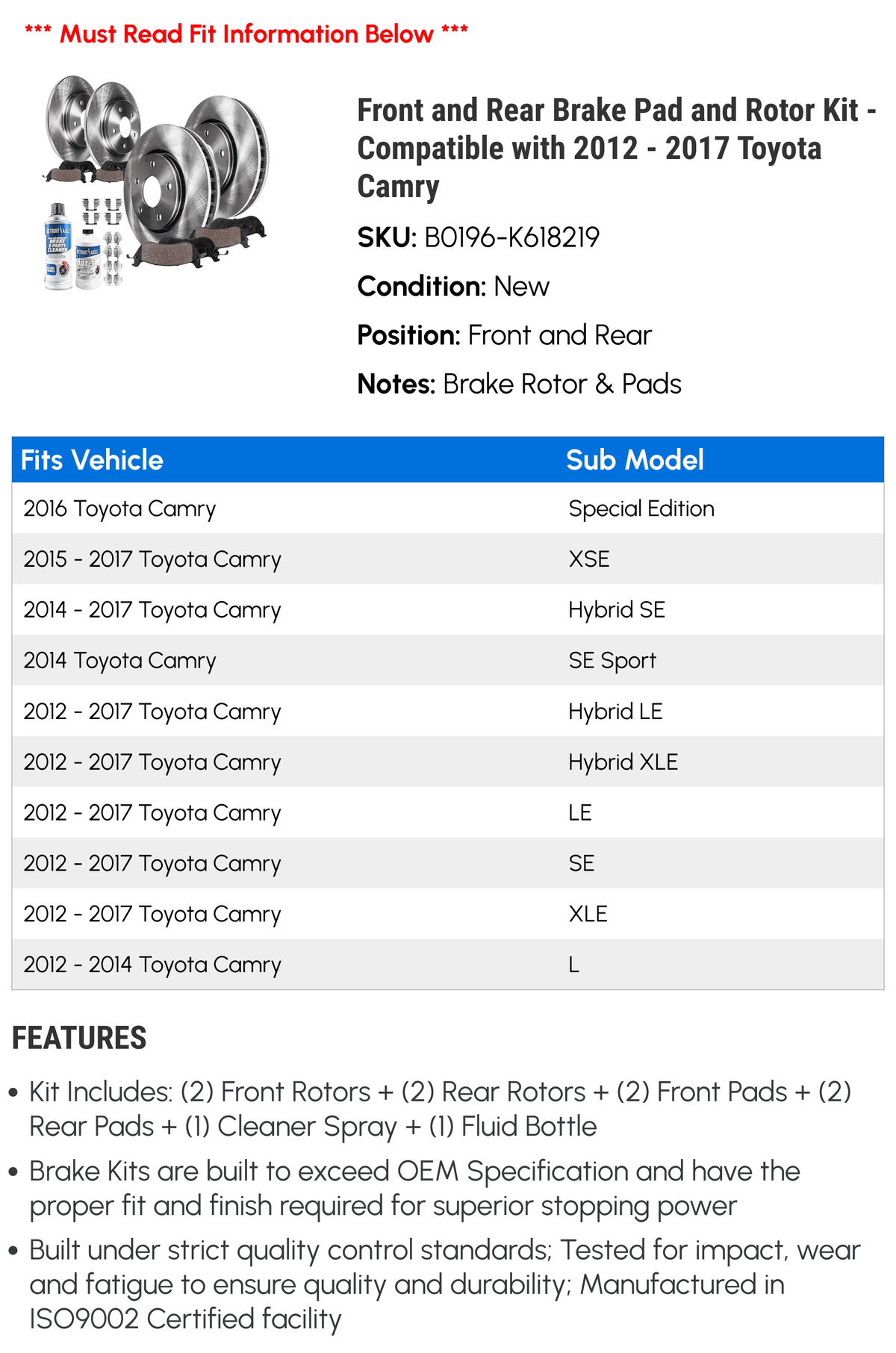 and with 2015 2012 Rotor Pad Kit Toyota 2016 Camry Rear 2017 Brake - Front - and Compatible 2013 2014