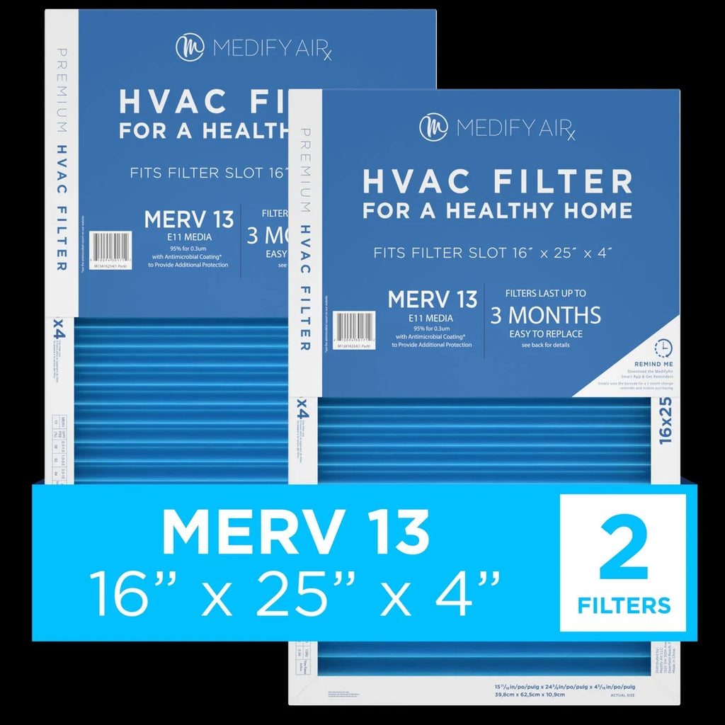 HEPA 95% Filter 16x25x4 Cleaning Air Particles 13, 2-Pack) Medify Pleated Air (MERV