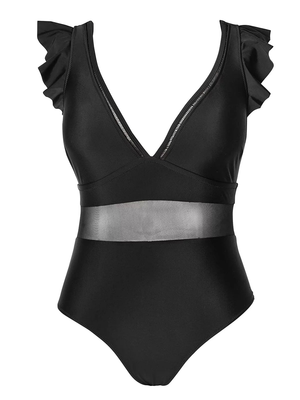 One Plus Bathing Cupshe Ruffle XXXXL Neck Piece Size V Mesh Black Suit, Women's