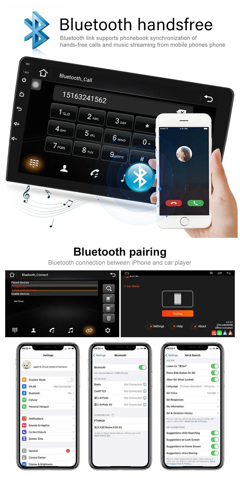 USB AHD 9" Bluetooth Backup Double Android Wireless Stereo 2+32GB FM/RDS Camera Radio Navigation GPS Carplay Auto Android IPS 1280*720 Screen Car Din WiFi Receiver