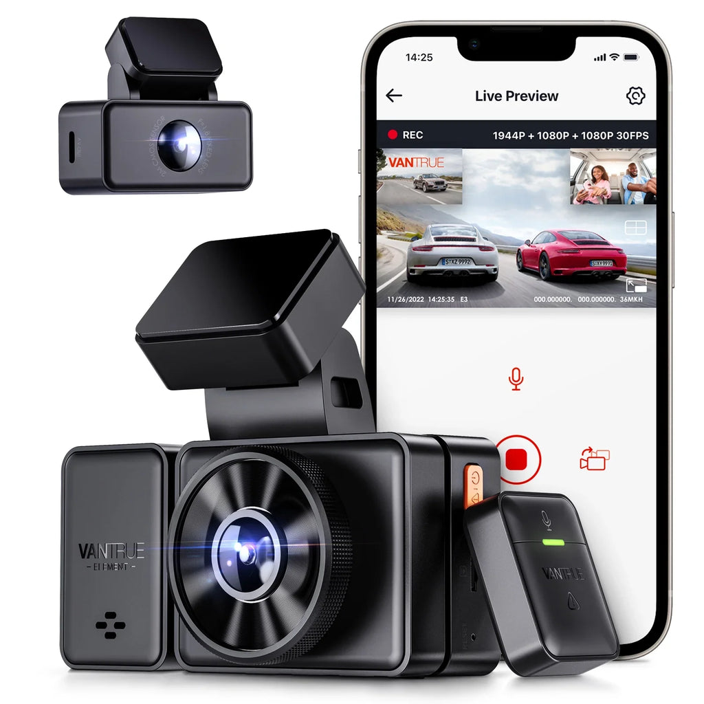 Rear Mode, WiFi Dash Voice 3 and Support Camera Vantrue Front Vision, E3 1944P+1080P+1080P 2.5K Dash 24 Channel Max IR Way GPS Cam Control, Triple STARVIS 3 Inside, Parking with Hours 512GB Night