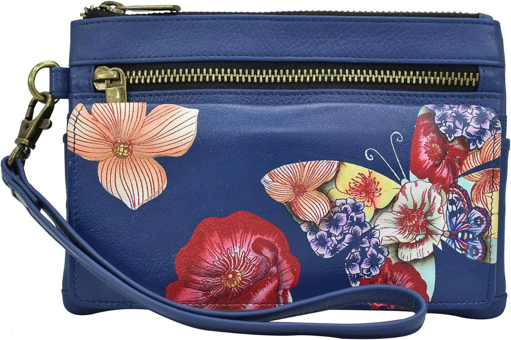 Leather Organizer Butterfly By Mosaic, Anuschka Womens Genuine Wallet Anna Multicolor - Hand-Painted Wristlet