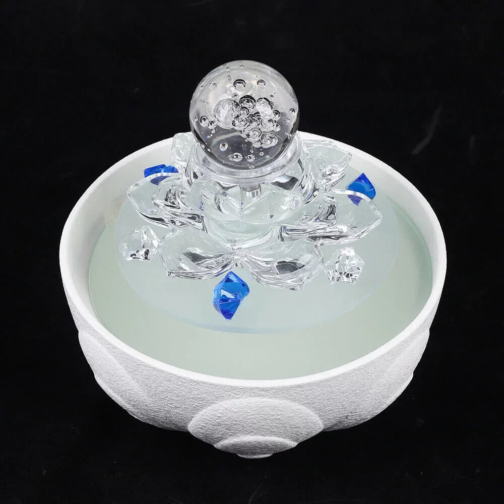 Waterfall Desktop Ornament Teahouse Lotus Desktop Fountain Tabletop Fountain Water Fountain, Decor Crystal Flowing Office Water White