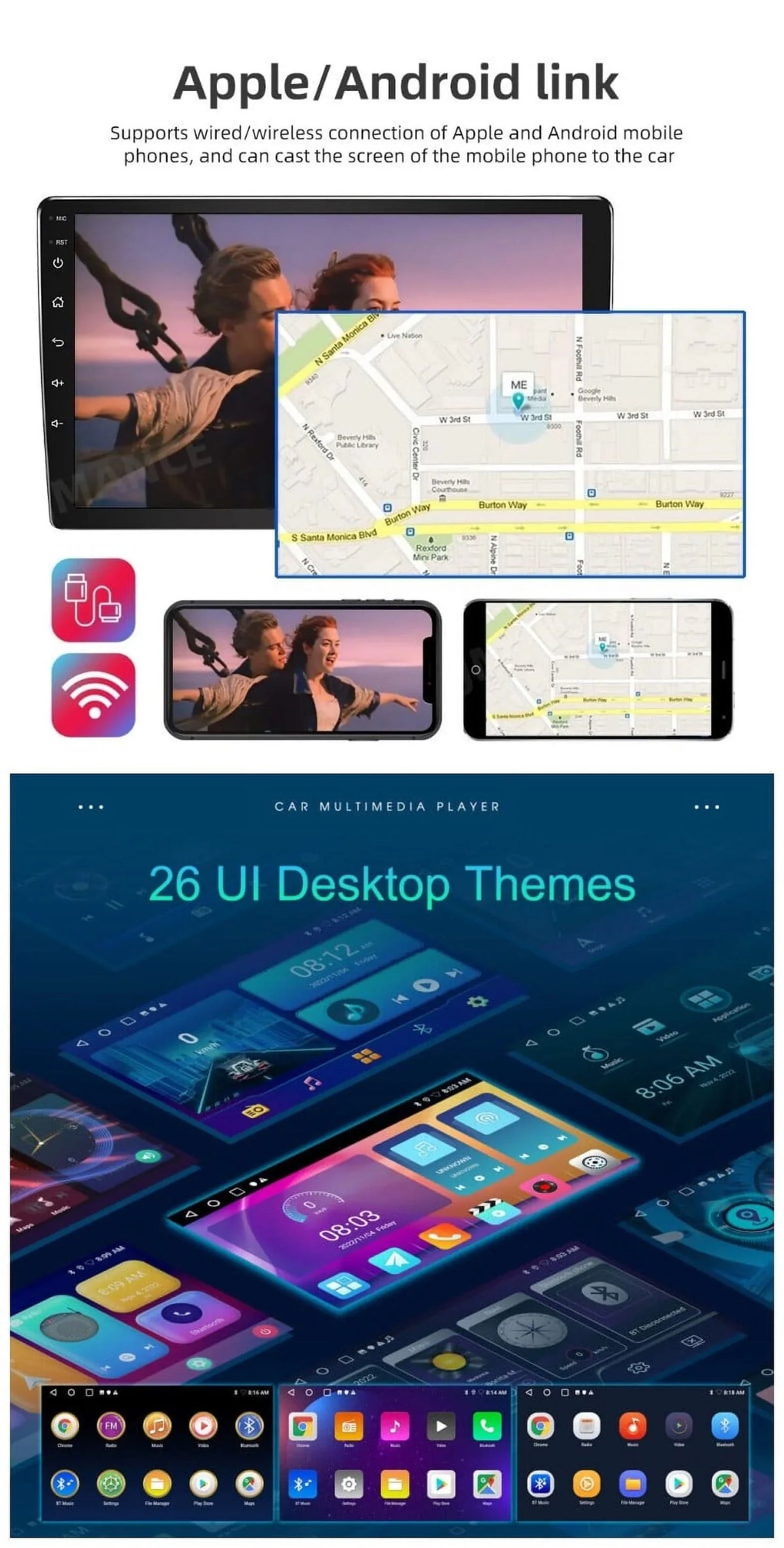 USB AHD 9" Bluetooth Backup Double Android Wireless Stereo 2+32GB FM/RDS Camera Radio Navigation GPS Carplay Auto Android IPS 1280*720 Screen Car Din WiFi Receiver