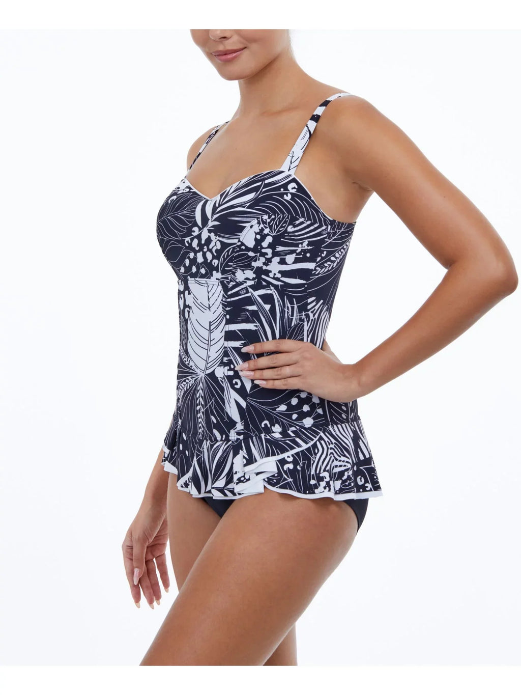 Sweetheart Women's Ruffled Tropical Cups Control Swimdress by Black 8 Adjustable Stretch Tummy Fixed Marbella Print GOTTEX Neck PROFILE