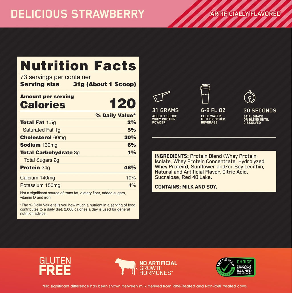 Optimum Strawberry, Protein Powder, Whey Delicious Servings 5 100% lb, 73 Gold Standard Nutrition,