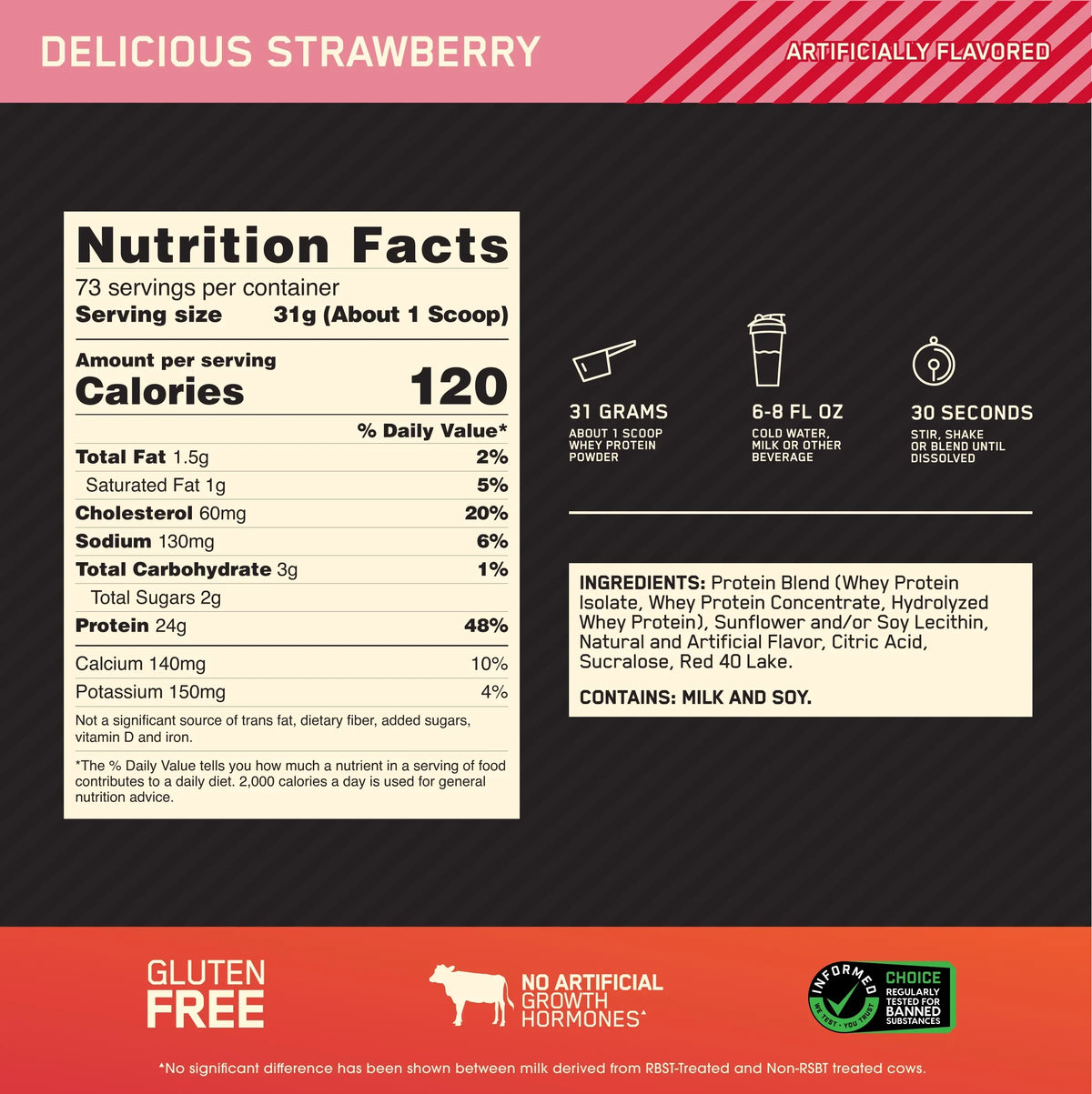 Optimum Strawberry, Protein Powder, Whey Delicious Servings 5 100% lb, 73 Gold Standard Nutrition,