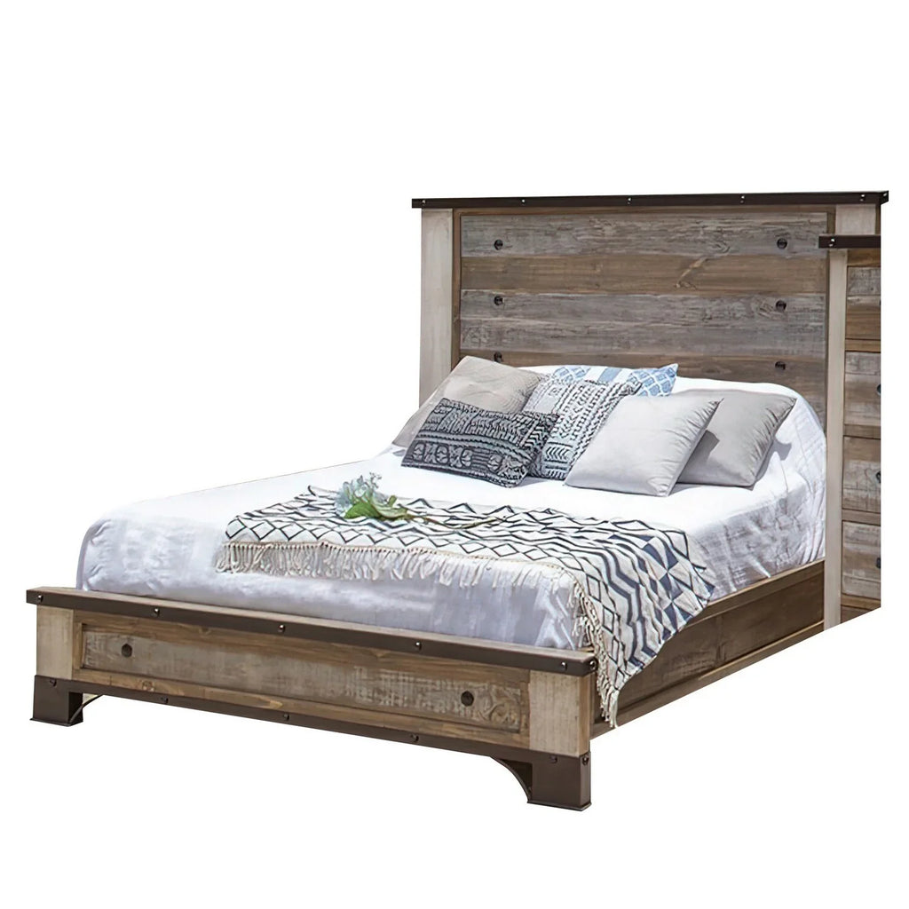 Fena King Round Bed, Nailheads, Brown Wood Size Distressed Black Multicolor Benjara