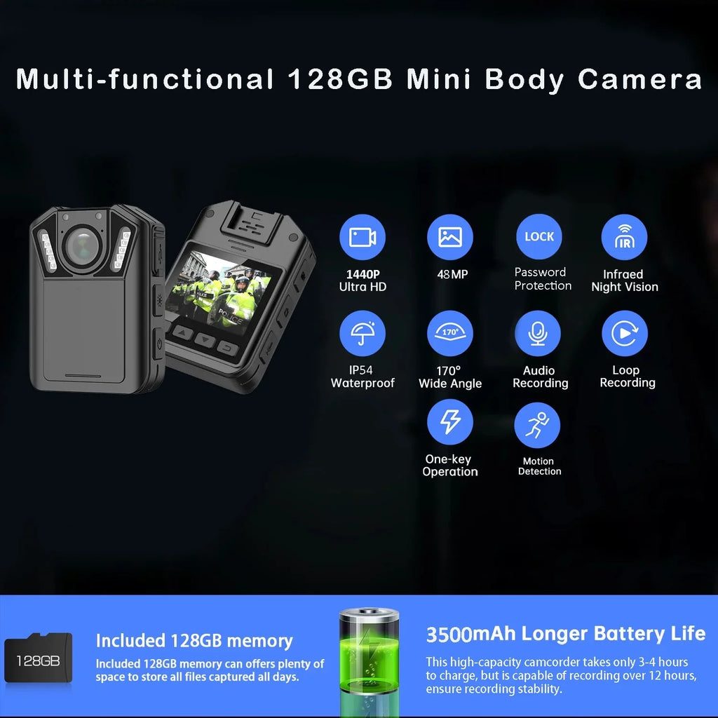 Cam - Guard - Mini Audio with Waterproof Law 128GB Security Home Wearable Vision 1440P Body for Camera Enforcement Camcorder RONY and Police Night Body with Body Recording Video