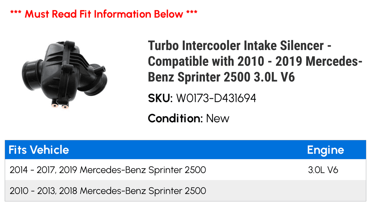 Turbo Mercedes-Benz 2015 2018 Compatible 2012 Intercooler 2017 2011 2016 2019 2500 Silencer 3.0L 2014 Intake 2010 2013 V6 with - - Sprinter